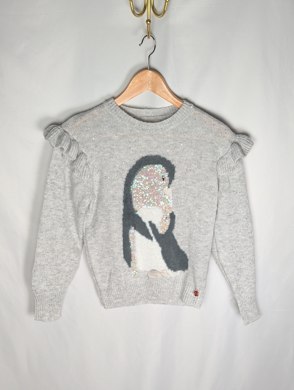 Angel & Rocket Sparkle Penguin Ruffle-Shoulder Crewneck Sweater Grey 9/10 UK